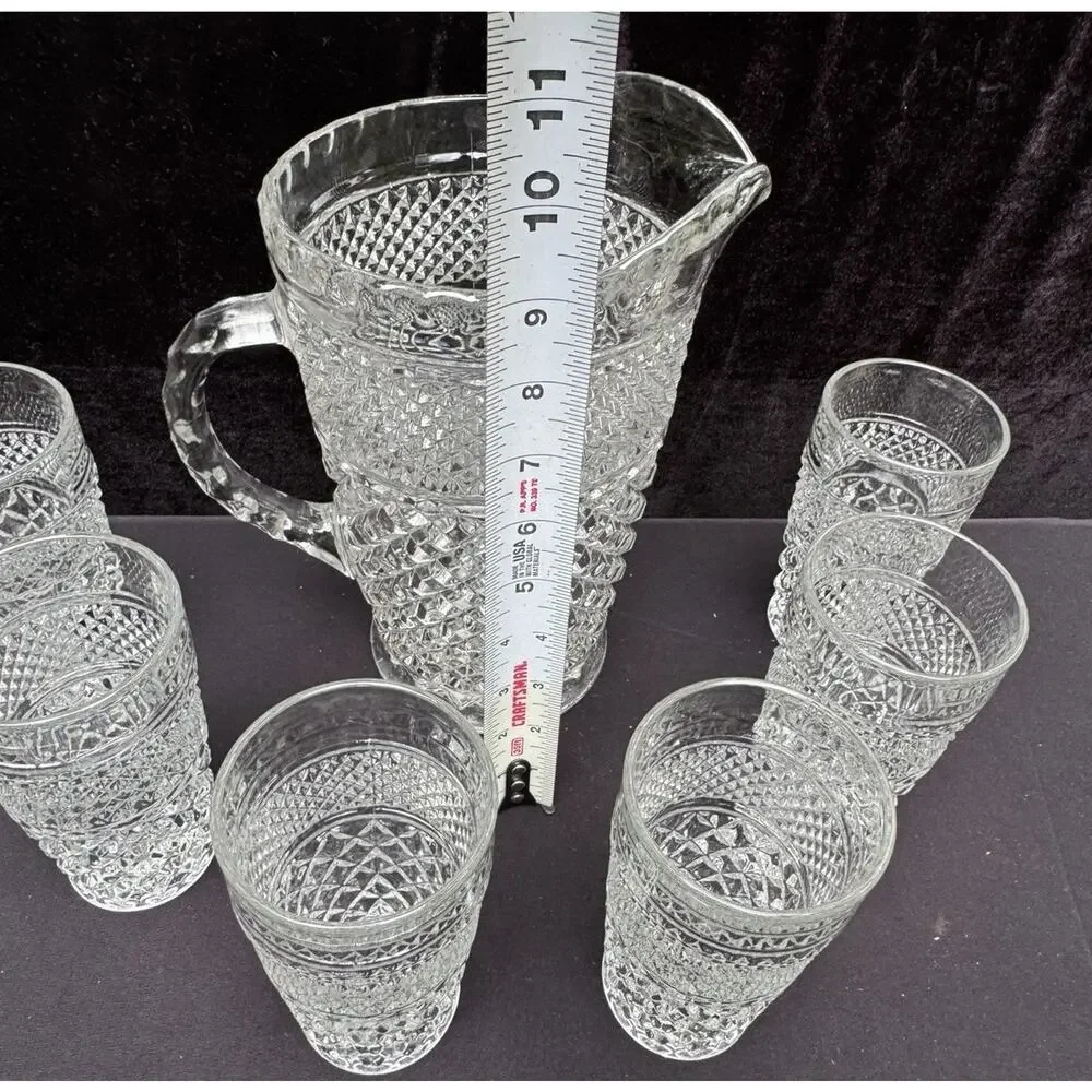Anchor Hocking Wexford Diamond Cut Glass Vintage Pitcher & 6 Glasses EUC -8/28
